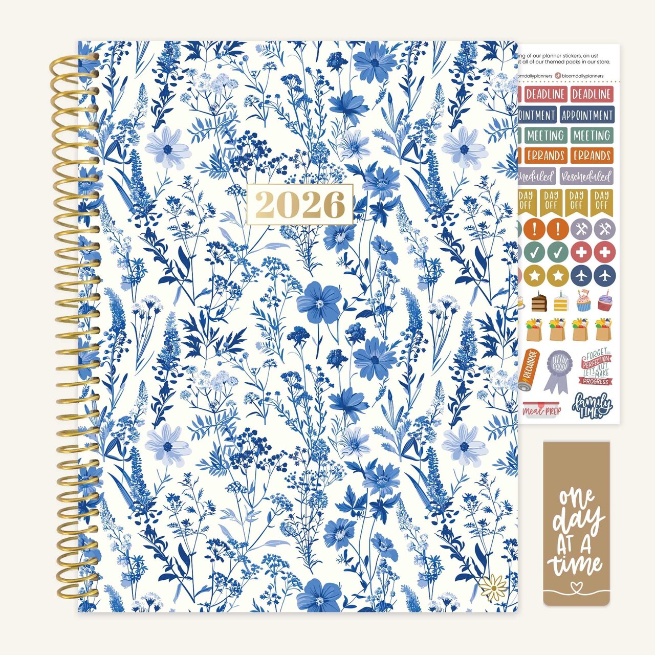 bloom daily planners 2026 Soft Cover Weekly & Monthly Planner, 8.5" x 11", Blue & White Floral